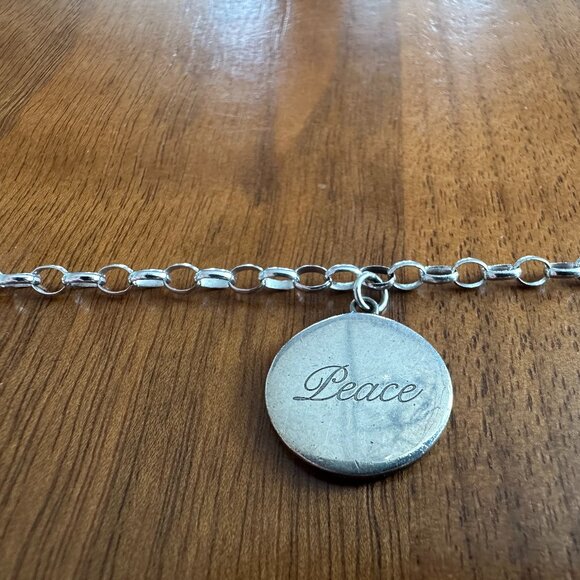 925 Sterling Silver "Peace" and Peace Sign Rhinestone Encrusted Charm Bracelet - Picture 2 of 5